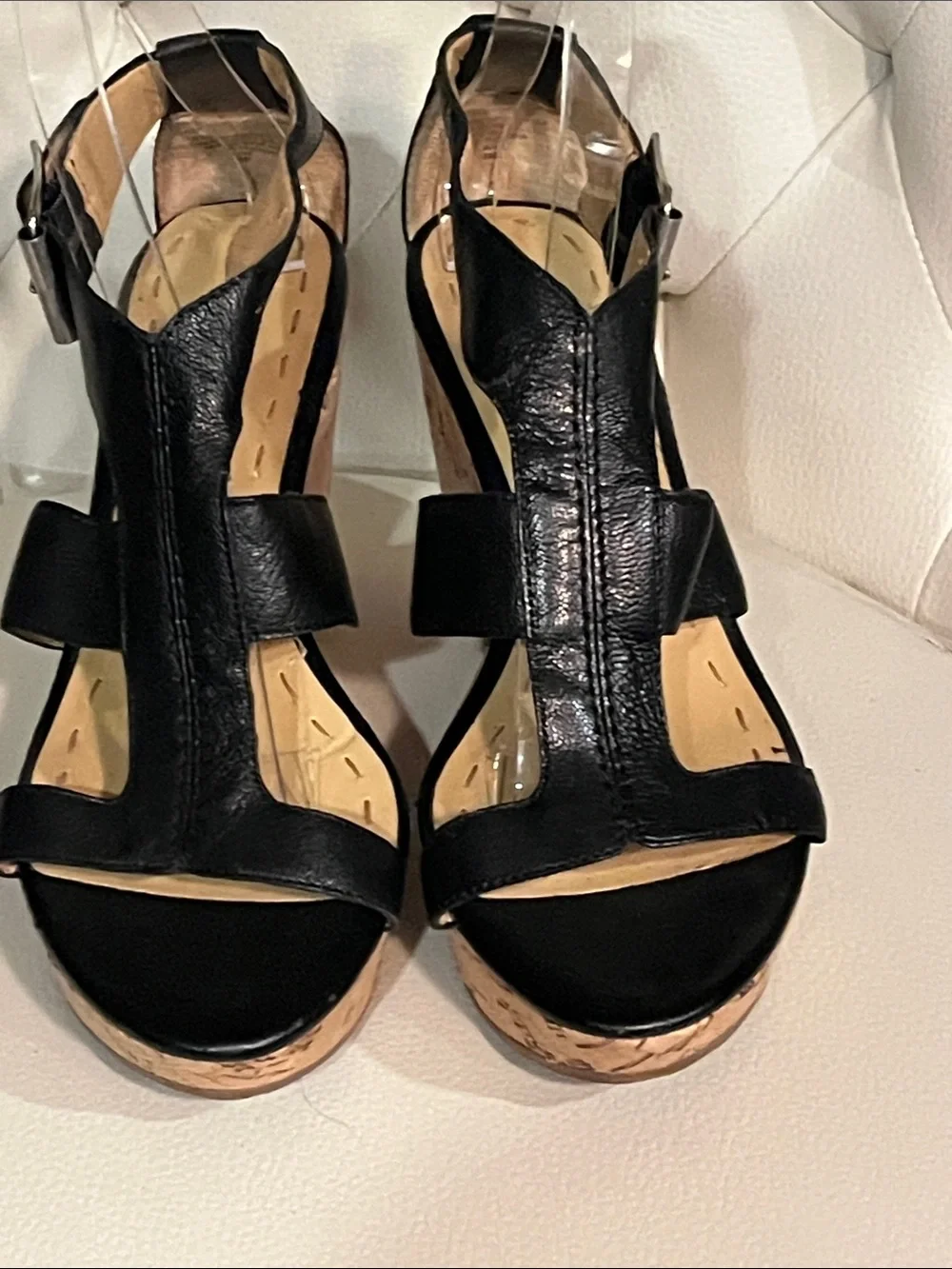 Nine West Black Leather Cork Wedge Sandals Size 8